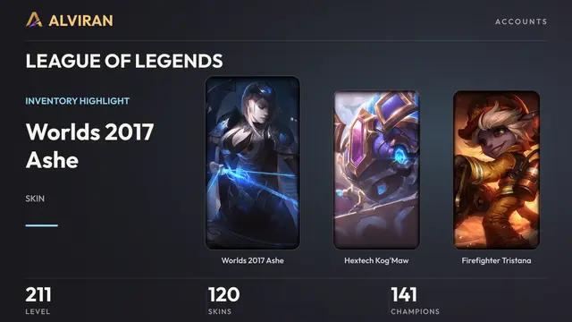 LEAGUE OF LEGENDS · Level 211 · Worlds 2017 Ashe, Hextech Kog'Maw, Firefighter Tristana