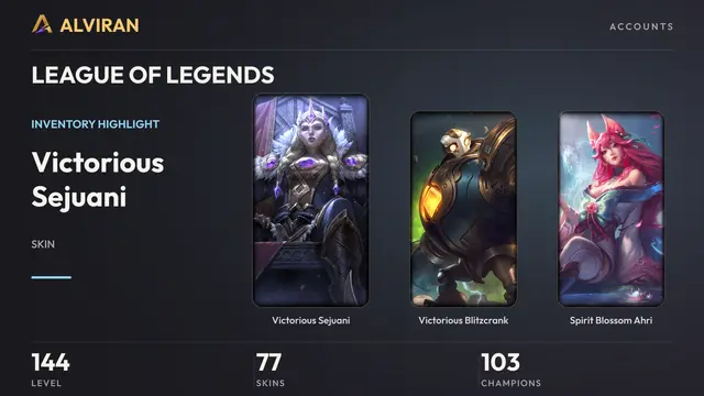 LEAGUE OF LEGENDS · Level 144 · Victorious Sejuani, Victorious Blitzcrank, Spirit Blossom Ahri