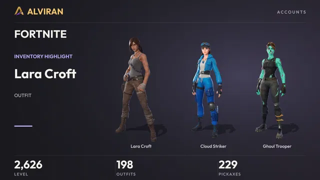 FORTNITE · Level 2626 · Lara Croft, Cloud Striker, Ghoul Trooper