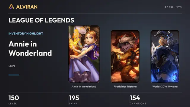 LEAGUE OF LEGENDS · Level 150 · Annie in Wonderland, Firefighter Tristana, Worlds 2014 Shyvana