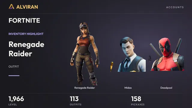 FORTNITE · Level 1966 · Renegade Raider, Midas, Deadpool