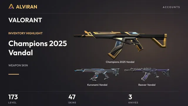 VALORANT · Level 173 · Champions 2025 Vandal, Kuronami Vandal, Reaver Vandal