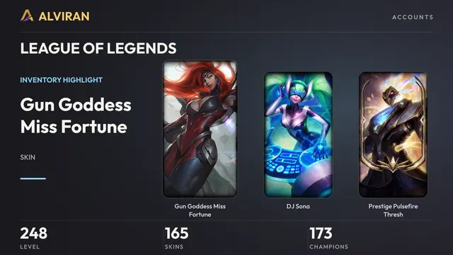 LEAGUE OF LEGENDS · Level 248 · Gun Goddess Miss Fortune, DJ Sona, Prestige Pulsefire Thresh