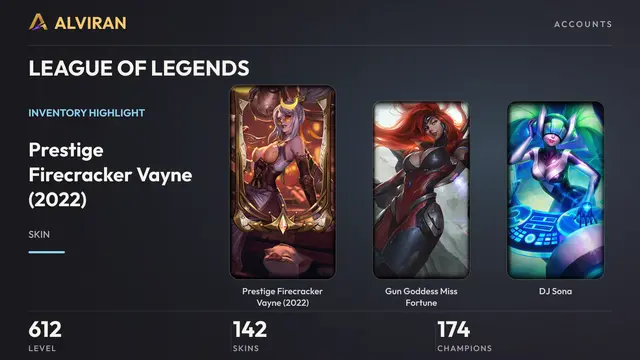 LEAGUE OF LEGENDS · Level 612 · Prestige Firecracker Vayne (2022), Gun Goddess Miss Fortune, DJ Sona