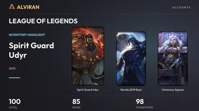 LEAGUE OF LEGENDS · Level 100 · Spirit Guard Udyr, Worlds 2019 Ryze, Victorious Sejuani