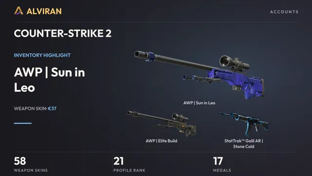 COUNTER-STRIKE 2 · Level 21 · AWP | Sun in Leo · Minimal Wear, AWP | Elite Build · Field-Tested, StatTrak™ Galil AR | Stone Cold · Minimal Wear