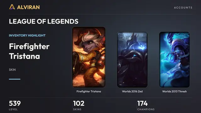 LEAGUE OF LEGENDS · Level 539 · Firefighter Tristana, Worlds 2016 Zed, Worlds 2013 Thresh