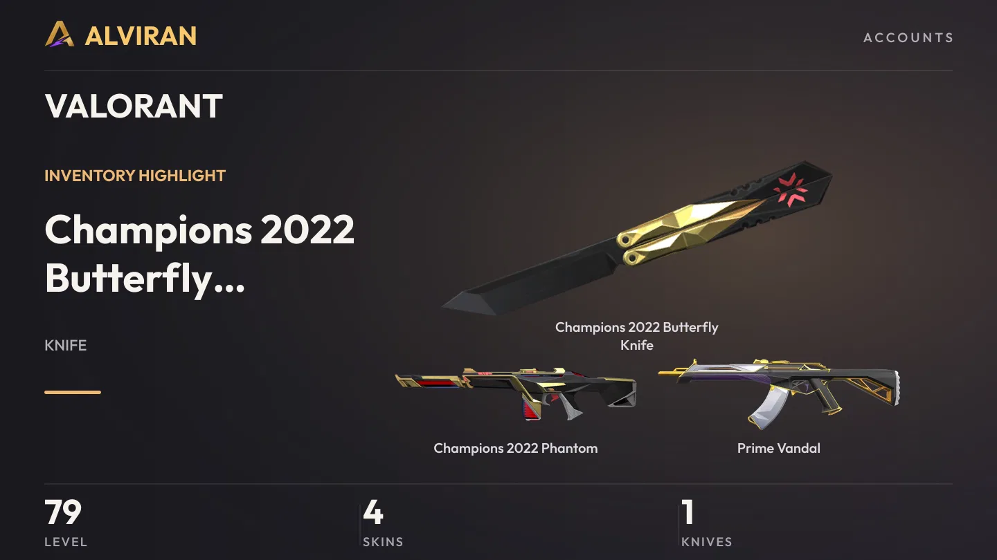 VALORANT · Level 79 · Champions 2022 Butterfly Knife · Melee, Champions 2022 Phantom, Prime Vandal