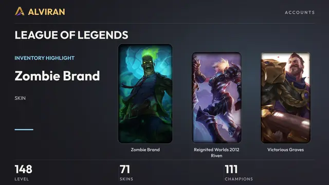 LEAGUE OF LEGENDS · Level 148 · Zombie Brand, Reignited Worlds 2012 Riven, Victorious Graves