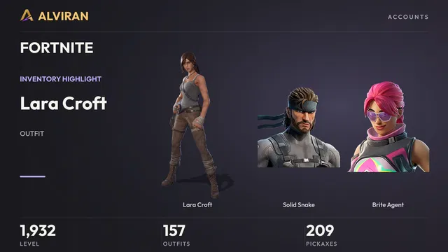 FORTNITE · Level 1932 · Lara Croft, Solid Snake, Brite Agent