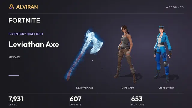 FORTNITE · Level 7931 · Leviathan Axe, Lara Croft, Cloud Striker