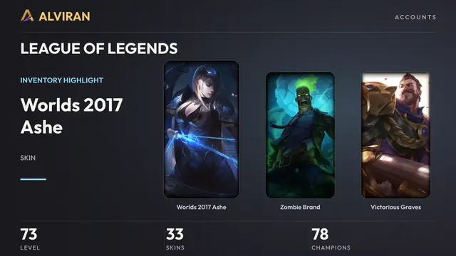 LEAGUE OF LEGENDS · Level 73 · Worlds 2017 Ashe, Zombie Brand, Victorious Graves
