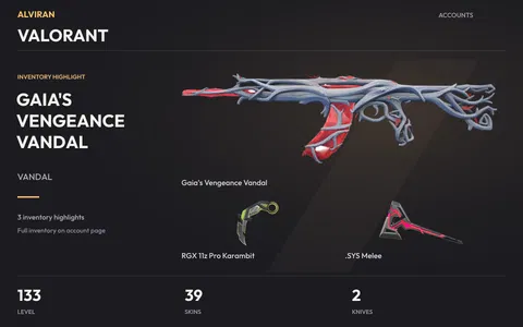 VALORANT · Level 133 · Gaia's Vengeance Vandal, RGX 11z Pro Karambit · Melee, .SYS Melee