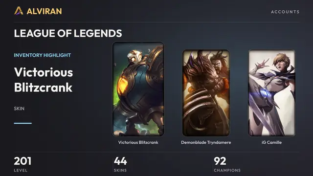 LEAGUE OF LEGENDS · Level 201 · Victorious Blitzcrank, Demonblade Tryndamere, iG Camille