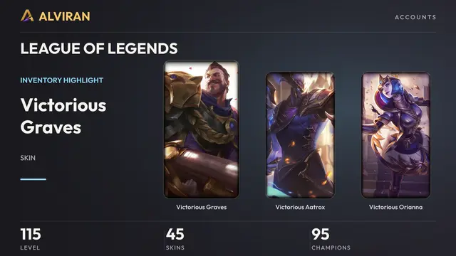LEAGUE OF LEGENDS · Level 115 · Victorious Graves, Victorious Aatrox, Victorious Orianna