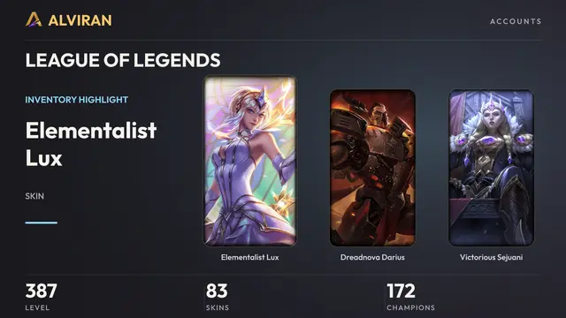 LEAGUE OF LEGENDS · Level 387 · Elementalist Lux, Dreadnova Darius, Victorious Sejuani