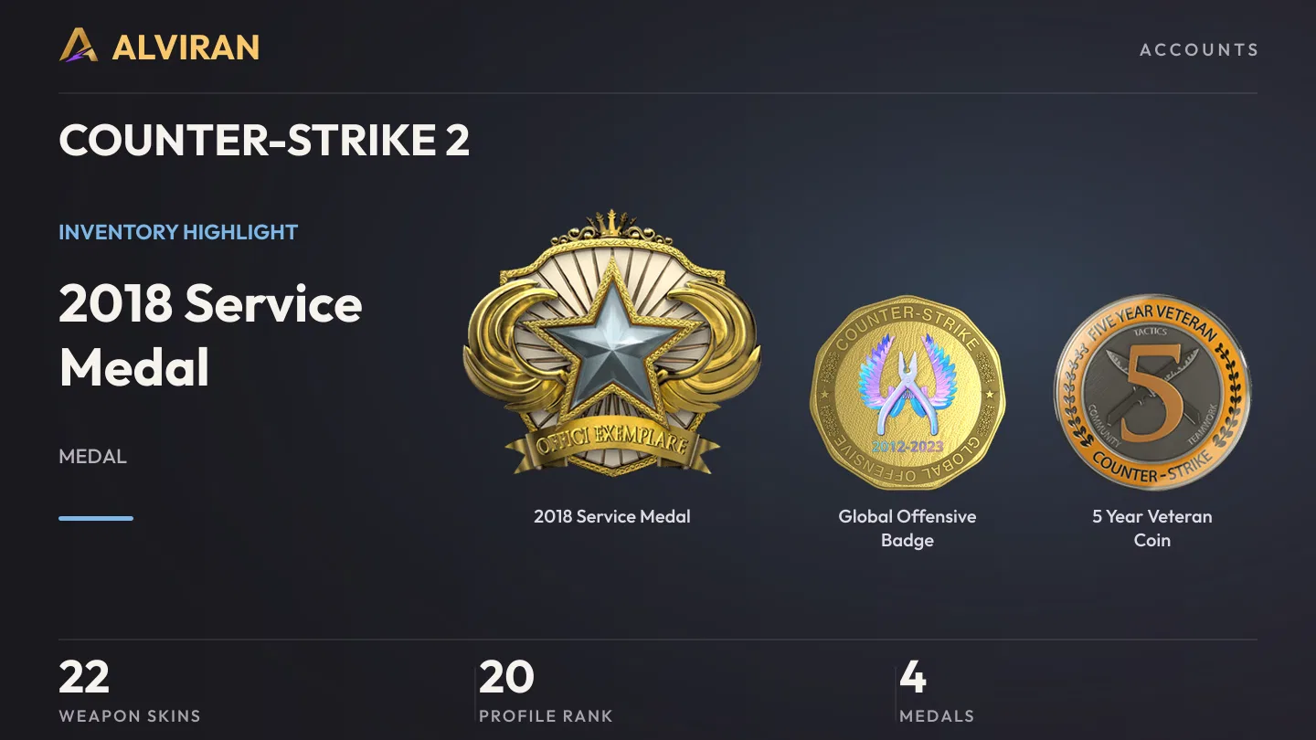 COUNTER-STRIKE 2 · Level 20 · 2018 Service Medal, Global Offensive Badge, 5 Year Veteran Coin