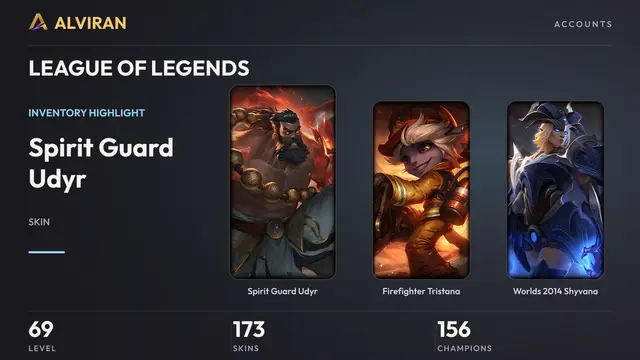LEAGUE OF LEGENDS · Level 69 · Spirit Guard Udyr, Firefighter Tristana, Worlds 2014 Shyvana