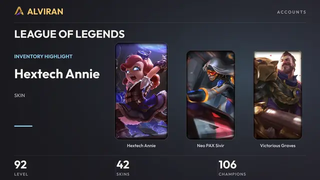 LEAGUE OF LEGENDS · Level 92 · Hextech Annie, Neo PAX Sivir, Victorious Graves