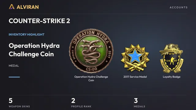 COUNTER-STRIKE 2 · Level 2 · Operation Hydra Challenge Coin, 2017 Service Medal, Loyalty Badge