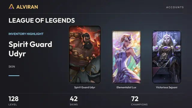 LEAGUE OF LEGENDS · Level 128 · Spirit Guard Udyr, Elementalist Lux, Victorious Sejuani