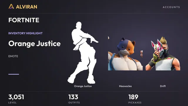 FORTNITE · Level 3051 · Orange Justice, Meowscles, Drift