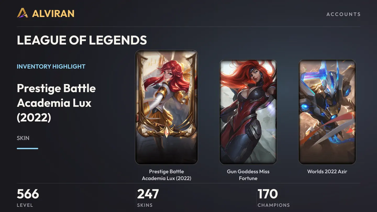 LEAGUE OF LEGENDS · Level 566 · Prestige Battle Academia Lux (2022), Gun Goddess Miss Fortune, Worlds 2022 Azir