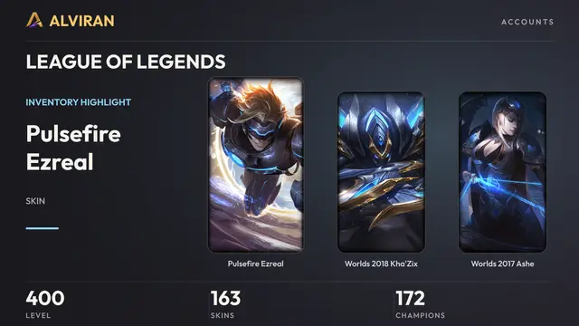 LEAGUE OF LEGENDS · Level 400 · Pulsefire Ezreal, Worlds 2018 Kha'Zix, Worlds 2017 Ashe