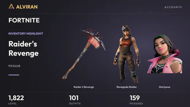 FORTNITE · Level 1822 · Raider's Revenge, Renegade Raider, Mariposa