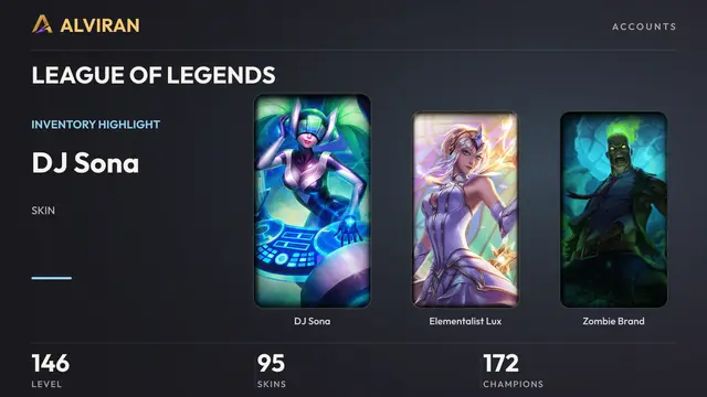 LEAGUE OF LEGENDS · Level 146 · DJ Sona, Elementalist Lux, Zombie Brand