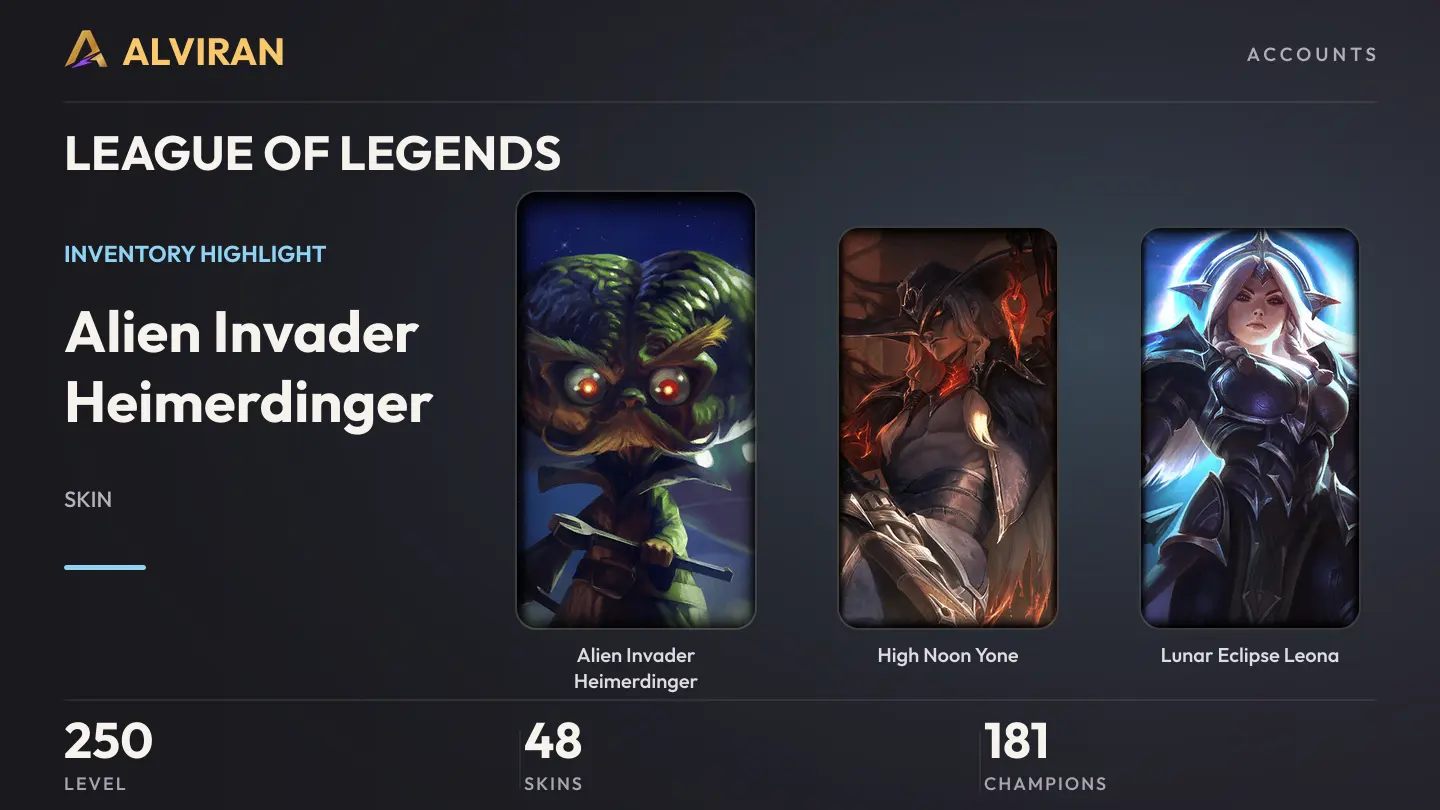 LEAGUE OF LEGENDS · Level 250 · Alien Invader Heimerdinger, High Noon Yone, Lunar Eclipse Leona