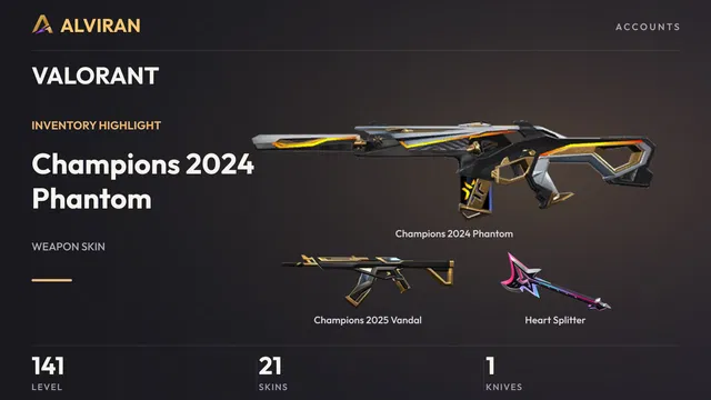 VALORANT · Level 141 · Champions 2024 Phantom, Champions 2025 Vandal, Heart Splitter · Melee