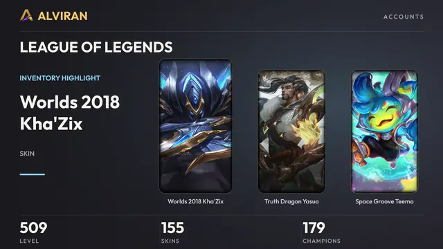 LEAGUE OF LEGENDS · Level 509 · Worlds 2018 Kha'Zix, Truth Dragon Yasuo, Space Groove Teemo