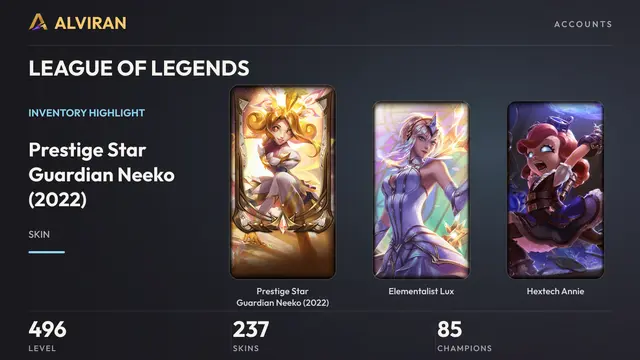 LEAGUE OF LEGENDS · Level 496 · Prestige Star Guardian Neeko (2022), Elementalist Lux, Hextech Annie