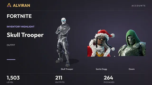 FORTNITE · Level 1503 · Skull Trooper, Santa Dogg, Doom