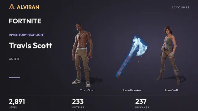 FORTNITE · Level 2891 · Travis Scott, Leviathan Axe, Lara Croft