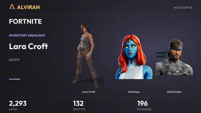 FORTNITE · Level 2293 · Lara Croft, Mystique, Solid Snake
