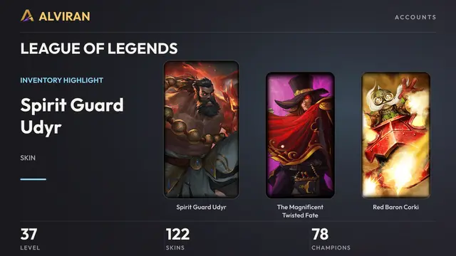 LEAGUE OF LEGENDS · Level 37 · Spirit Guard Udyr, The Magnificent Twisted Fate, Red Baron Corki