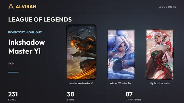 LEAGUE OF LEGENDS · Level 231 · Inkshadow Master Yi, Winter Wonder Zeri, Mythmaker Irelia