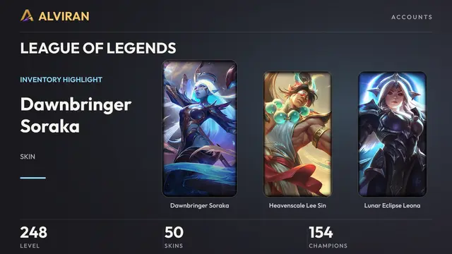 LEAGUE OF LEGENDS · Level 248 · Dawnbringer Soraka, Heavenscale Lee Sin, Lunar Eclipse Leona