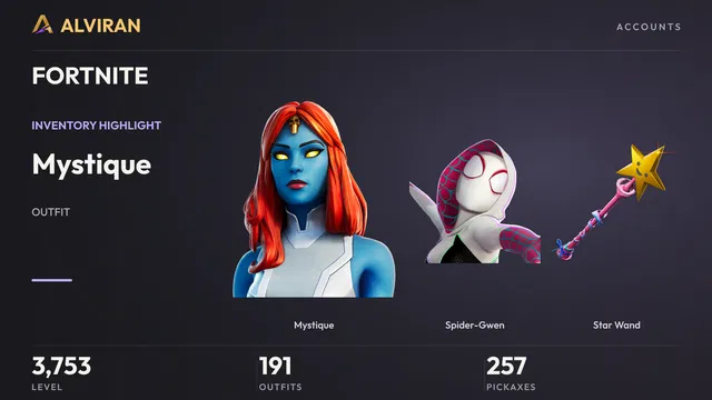 FORTNITE · Level 3753 · Mystique, Spider-Gwen, Star Wand