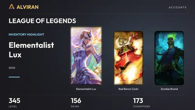 LEAGUE OF LEGENDS · Level 345 · Elementalist Lux, Red Baron Corki, Zombie Brand