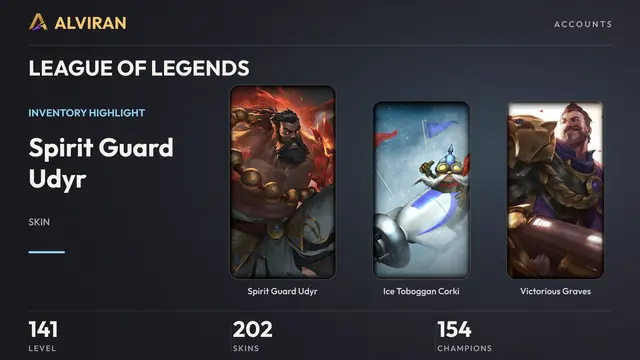 LEAGUE OF LEGENDS · Level 141 · Spirit Guard Udyr, Ice Toboggan Corki, Victorious Graves