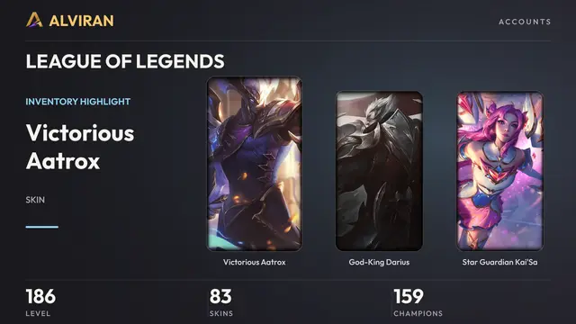 LEAGUE OF LEGENDS · Level 186 · Victorious Aatrox, God-King Darius, Star Guardian Kai'Sa