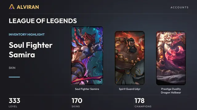 LEAGUE OF LEGENDS · Level 333 · Soul Fighter Samira, Spirit Guard Udyr, Prestige Duality Dragon Volibear