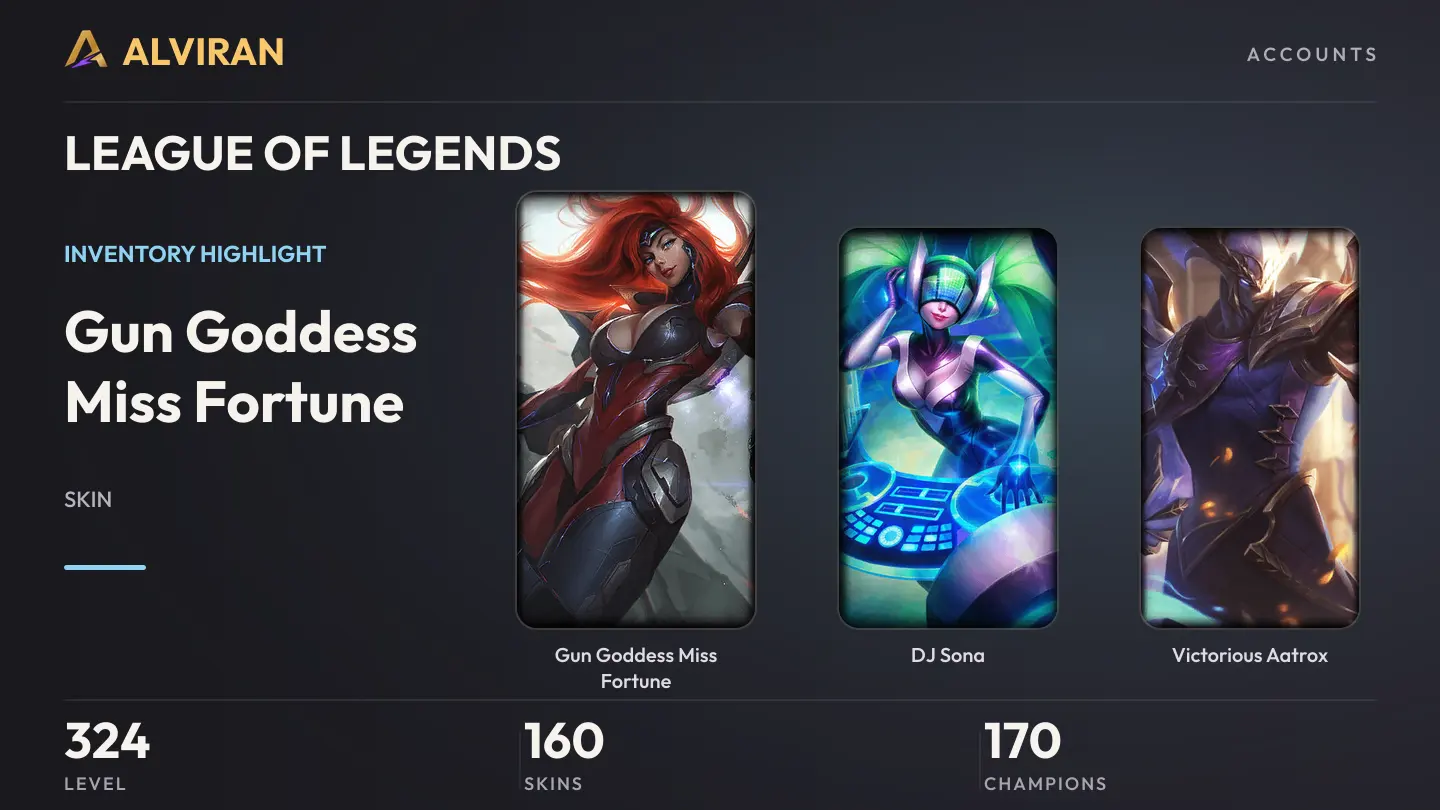 LEAGUE OF LEGENDS · Level 324 · Gun Goddess Miss Fortune, DJ Sona, Victorious Aatrox