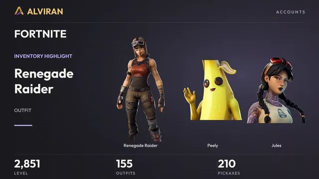 FORTNITE · Level 2851 · Renegade Raider, Peely, Jules