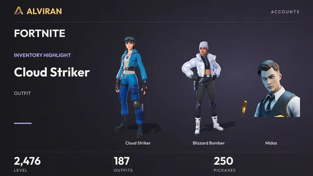 FORTNITE · Level 2476 · Cloud Striker, Blizzard Bomber, Midas