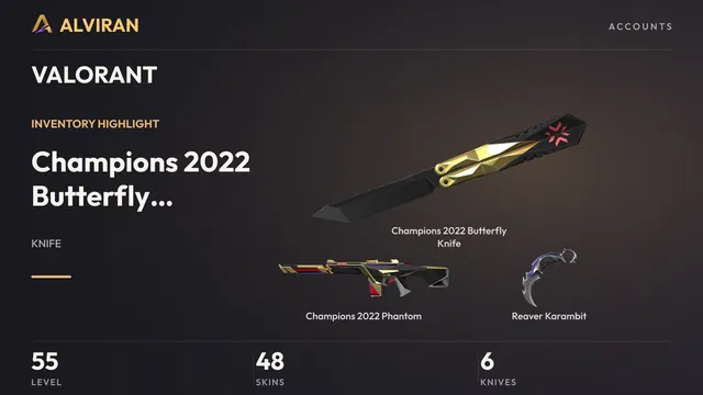 VALORANT · Level 55 · Champions 2022 Butterfly Knife · Melee, Champions 2022 Phantom, Reaver Karambit · Melee
