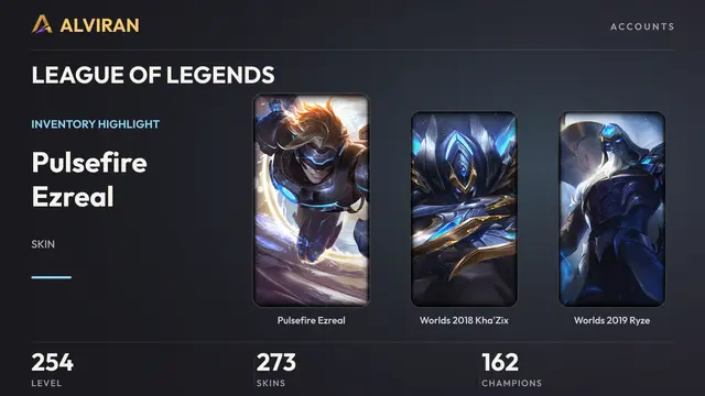 LEAGUE OF LEGENDS · Level 254 · Pulsefire Ezreal, Worlds 2018 Kha'Zix, Worlds 2019 Ryze